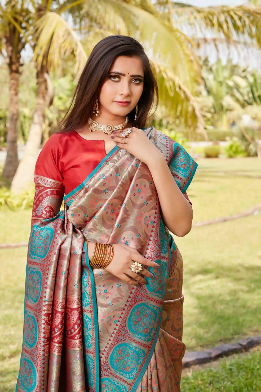 Vastranavya Boutique Collection Kanjivaram Soft Silk Saree With Unstitched Blouse - Peach