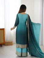 The52 Women's Gorgeous Chinon silk Fabric Embroidery Work Straight Kurta Palazzo and Dupatta Set - Distacart