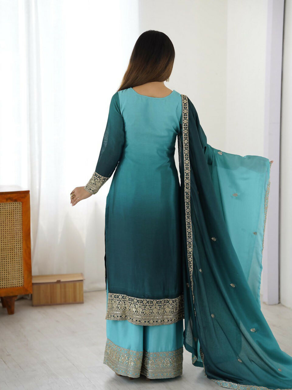The52 Women's Gorgeous Chinon silk Fabric Embroidery Work Straight Kurta Palazzo and Dupatta Set - Distacart