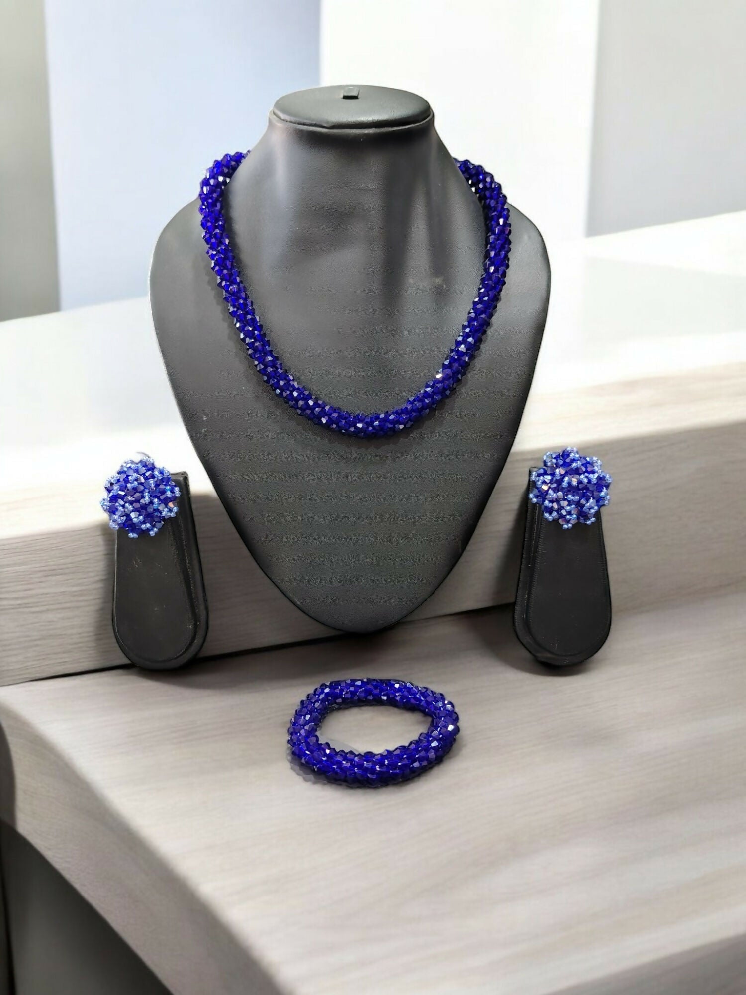 Inhanns Complete Look Crystal Statement 3-Piece Set (Adjustable Necklace + Earrings + Adjustable Bangle ) - Blue