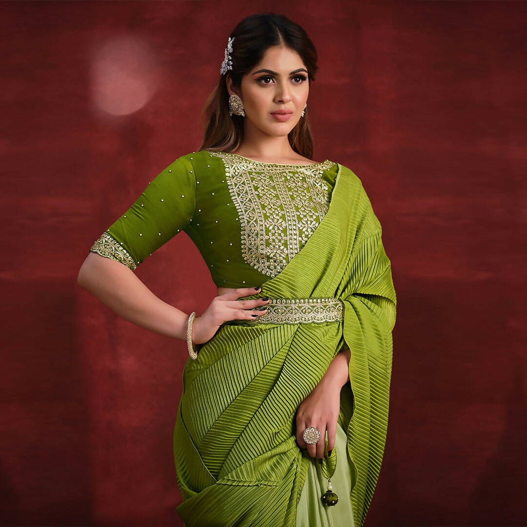 Green Crepe Silk Georgette Zari & Stone Work/ Texture Pallu Saree - Mohmanthan Kimiya