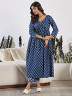 Indo Era V-Neck Floral Printed Empire Pure Cotton Kurta with Trouser - Distacart