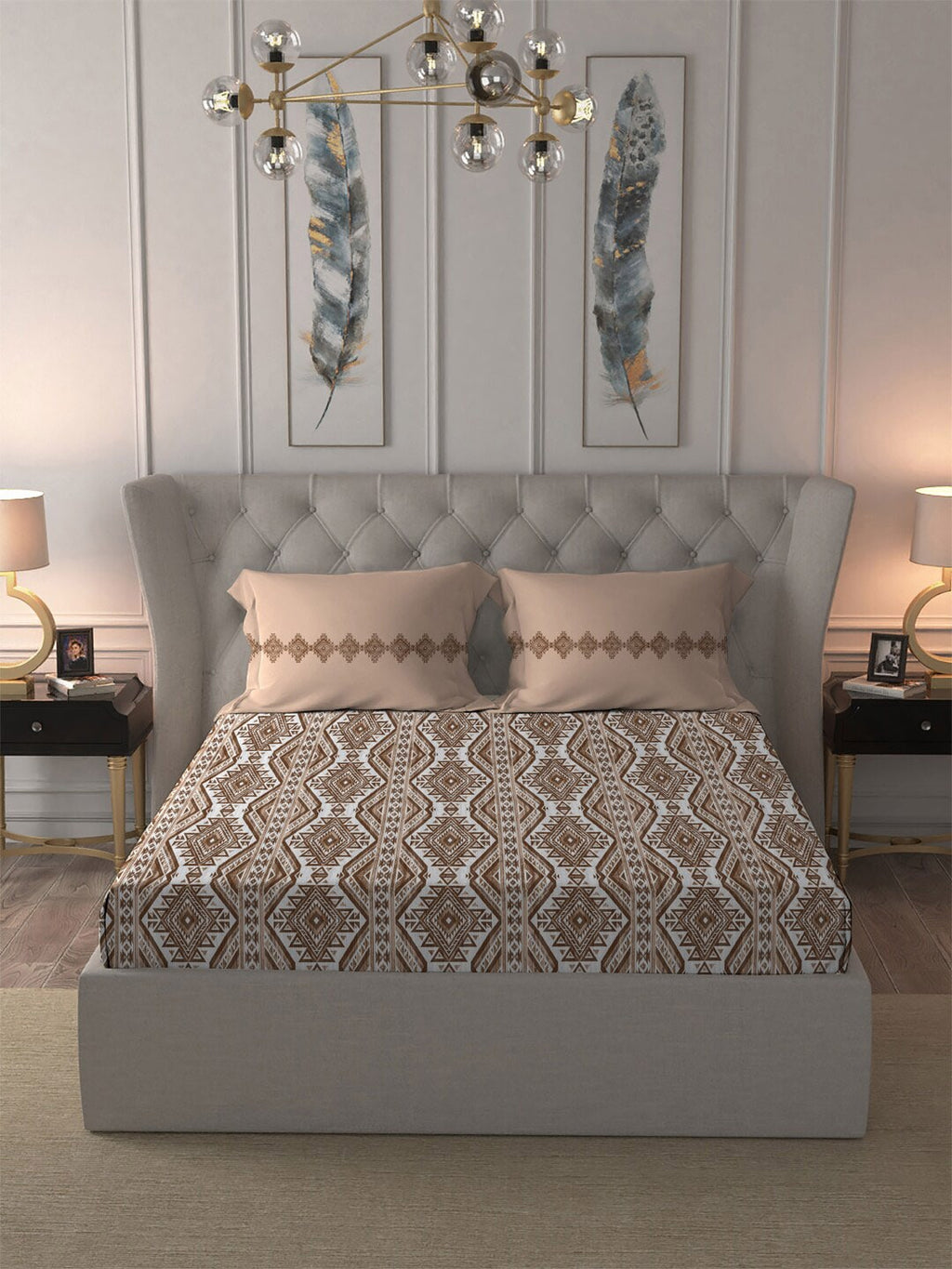 MYTRIDENT Brown Ethnic Motifs Cotton 120 TC Queen Bedsheet With 2 Pillow Covers