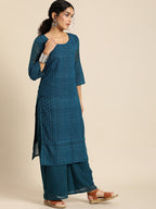 Sangria Women Teal Blue Ethnic Motifs Chikankari Kurta with Palazzos