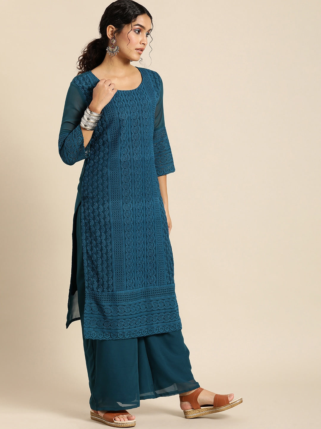 Sangria Women Teal Blue Ethnic Motifs Chikankari Kurta with Palazzos