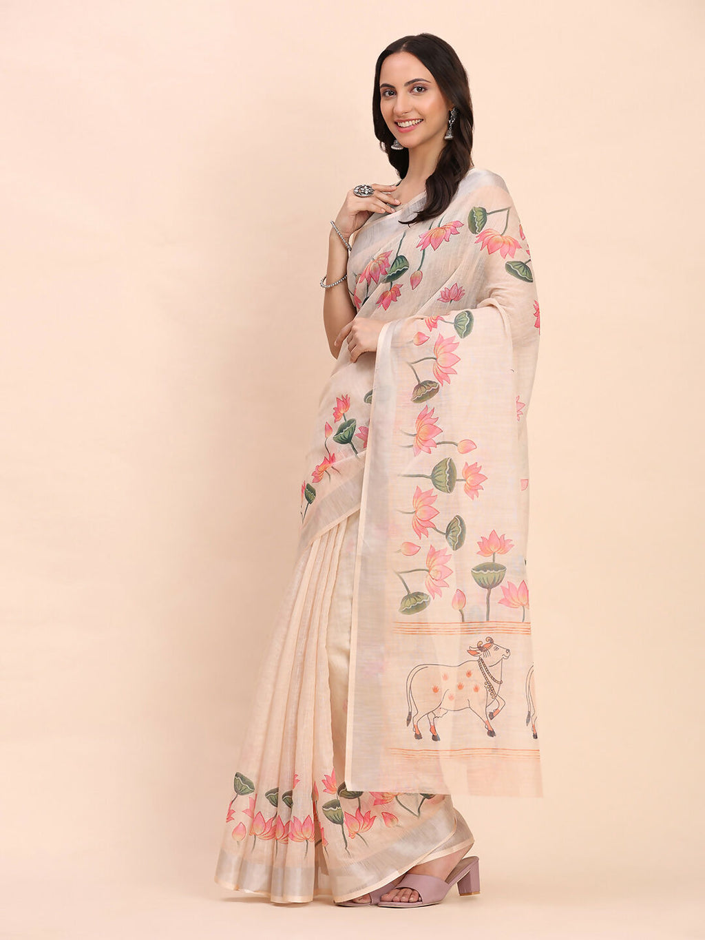 Shree Shyam Fashion Linen Cotton Peach Saree - Distacart