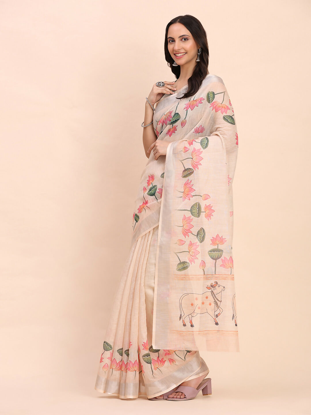 Shree Shyam Fashion Linen Cotton Peach Saree - Distacart