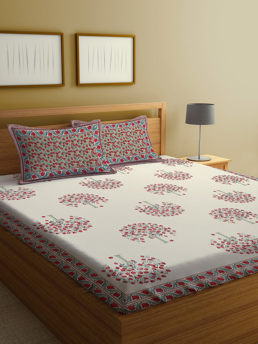 Rajasthan Decor Cream-Coloured Ethnic Motifs 144 TC Cotton King Bedsheet & 2 Pillow Covers - Distacart