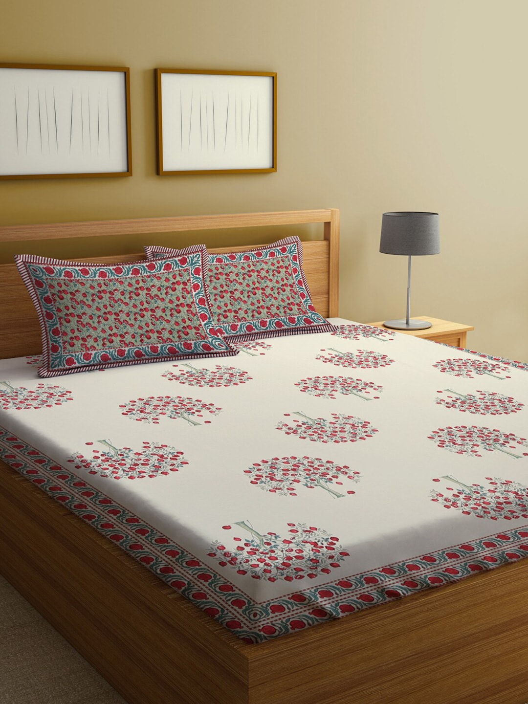 Rajasthan Decor Cream-Coloured Ethnic Motifs 144 TC Cotton King Bedsheet & 2 Pillow Covers - Distacart
