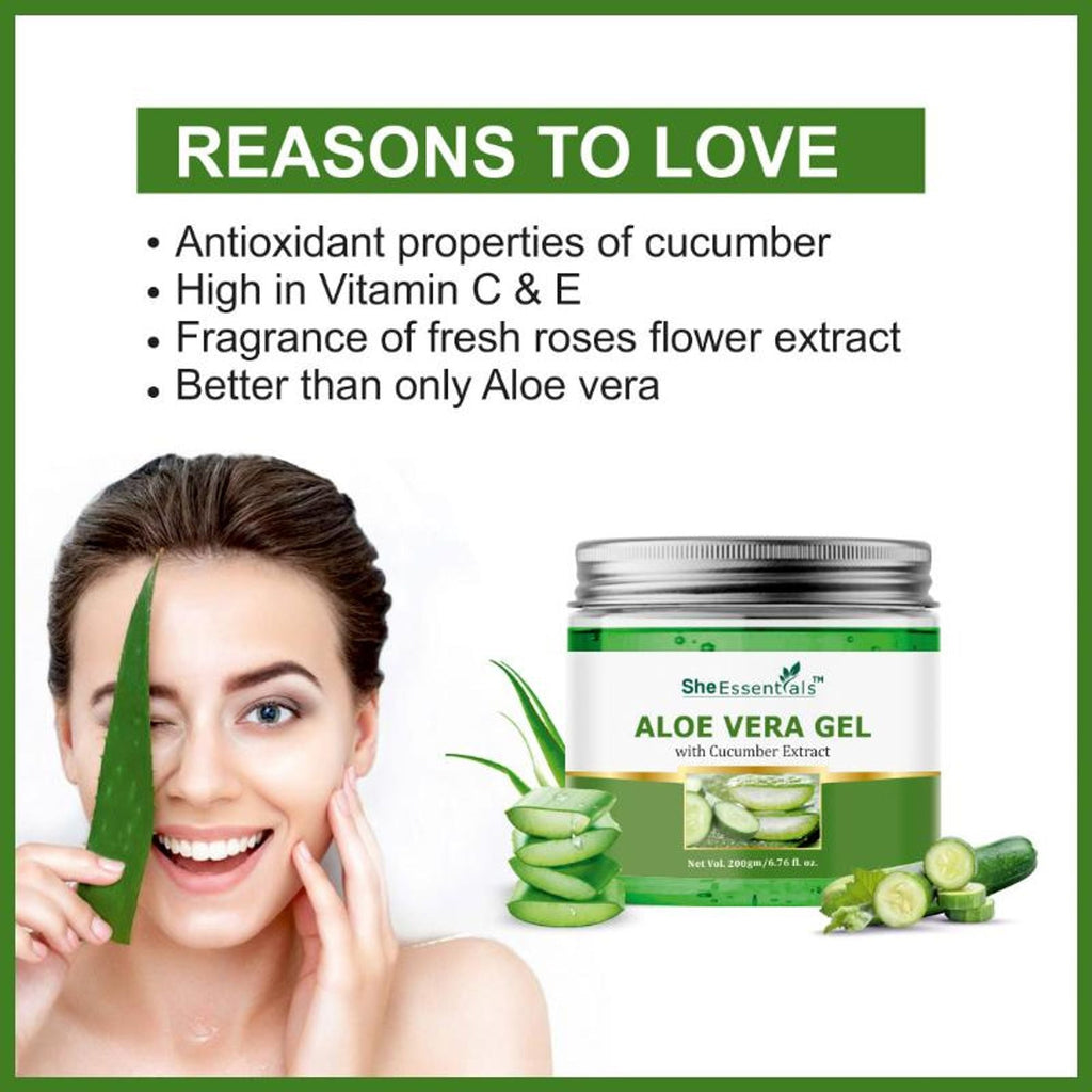 She Essentials Aloe Vera Gel With Pure Aloe Vera & Cucumber Extract For Skin & Hair
