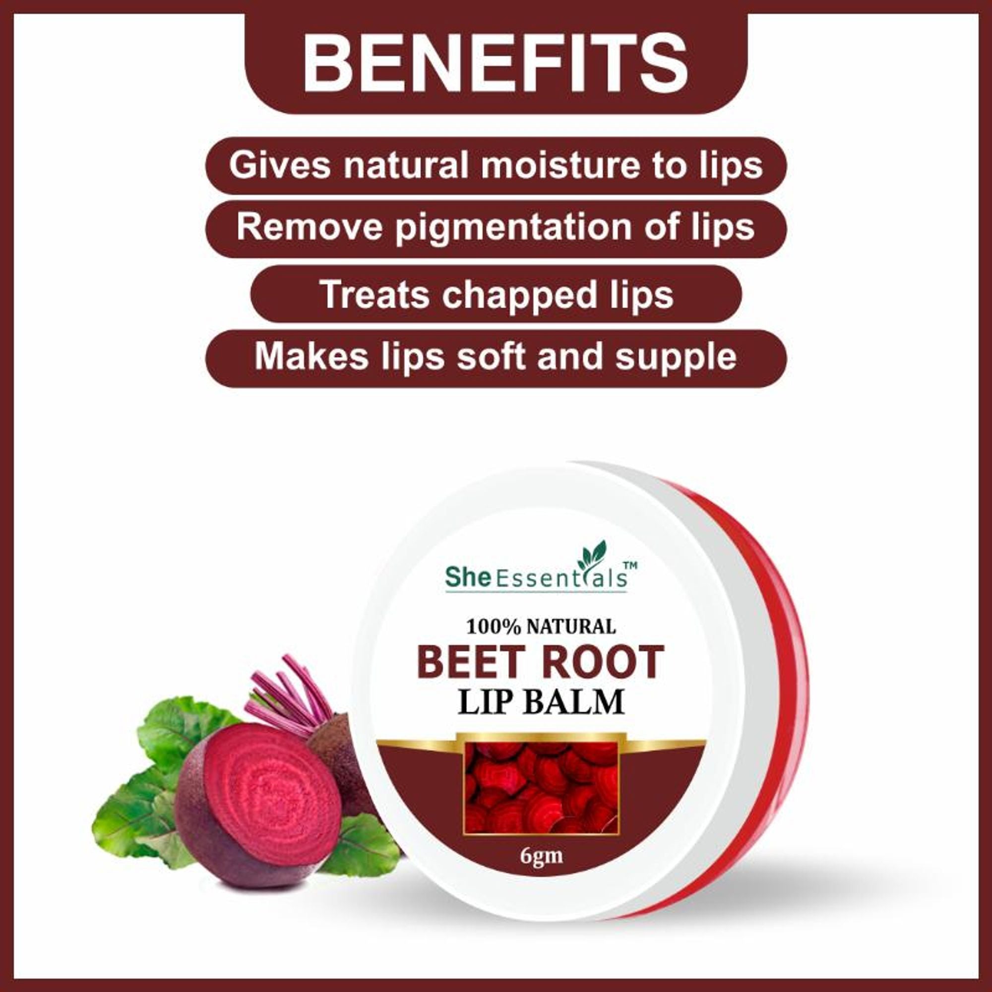 She Essentials Beetroot Lip Balm For Lip Lightening, Dry & Chapped Lips, Makes Soft & Glossy Lips