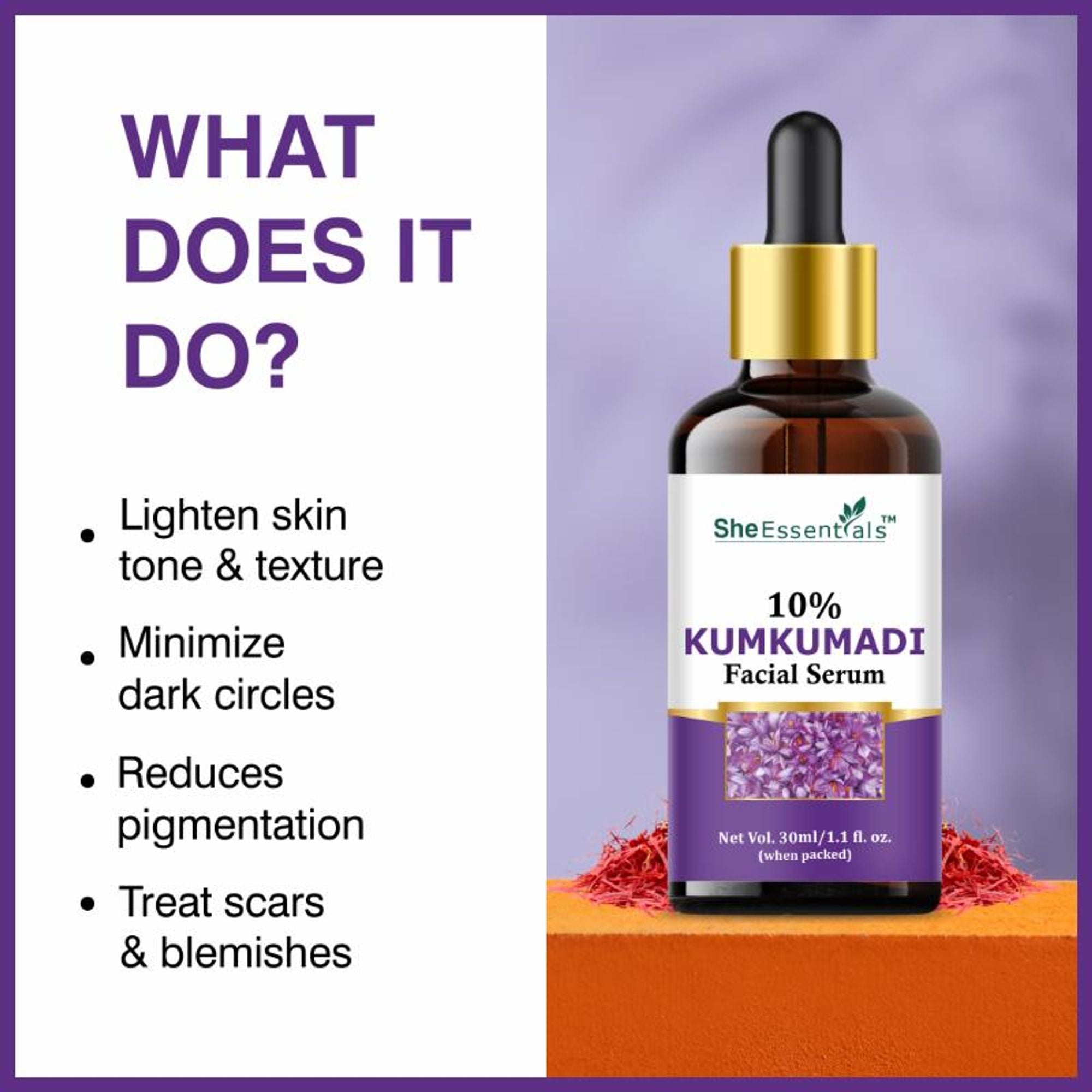 She Essentials Kumkumadi Tailam Saffron Night Serum Face Oil For Skin Glow, Anti Aging, Dark Spots