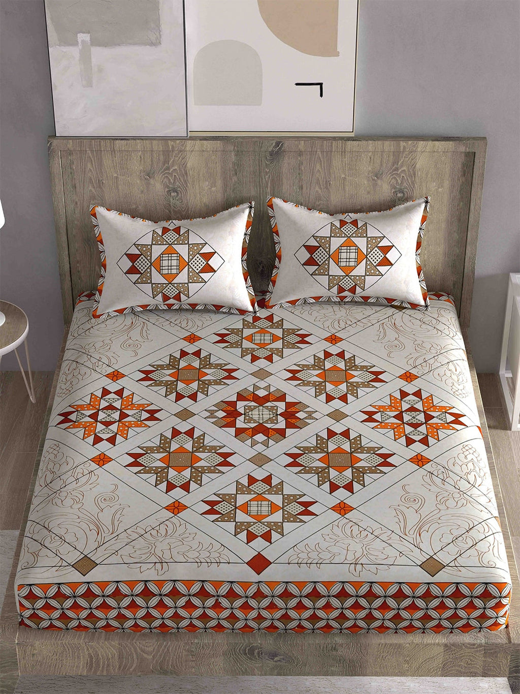 Spangle Red & Orange Ethnic Motifs 260 TC King Bedsheet with 2 Pillow Covers