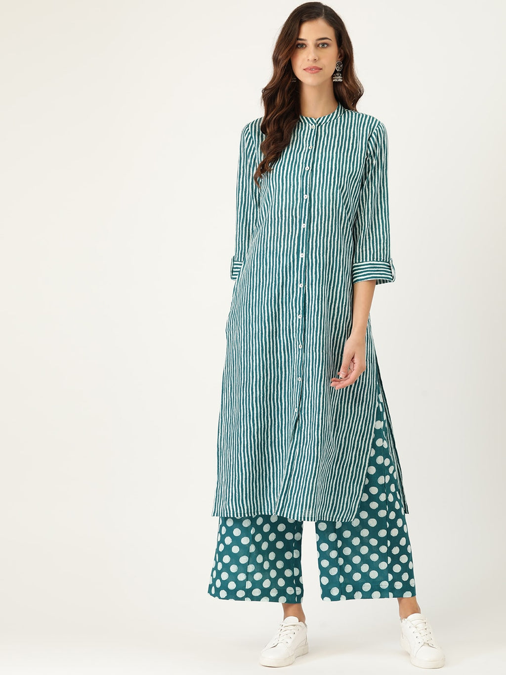 Sangria Women Teal Blue Striped Pure Cotton Kurta with Palazzos