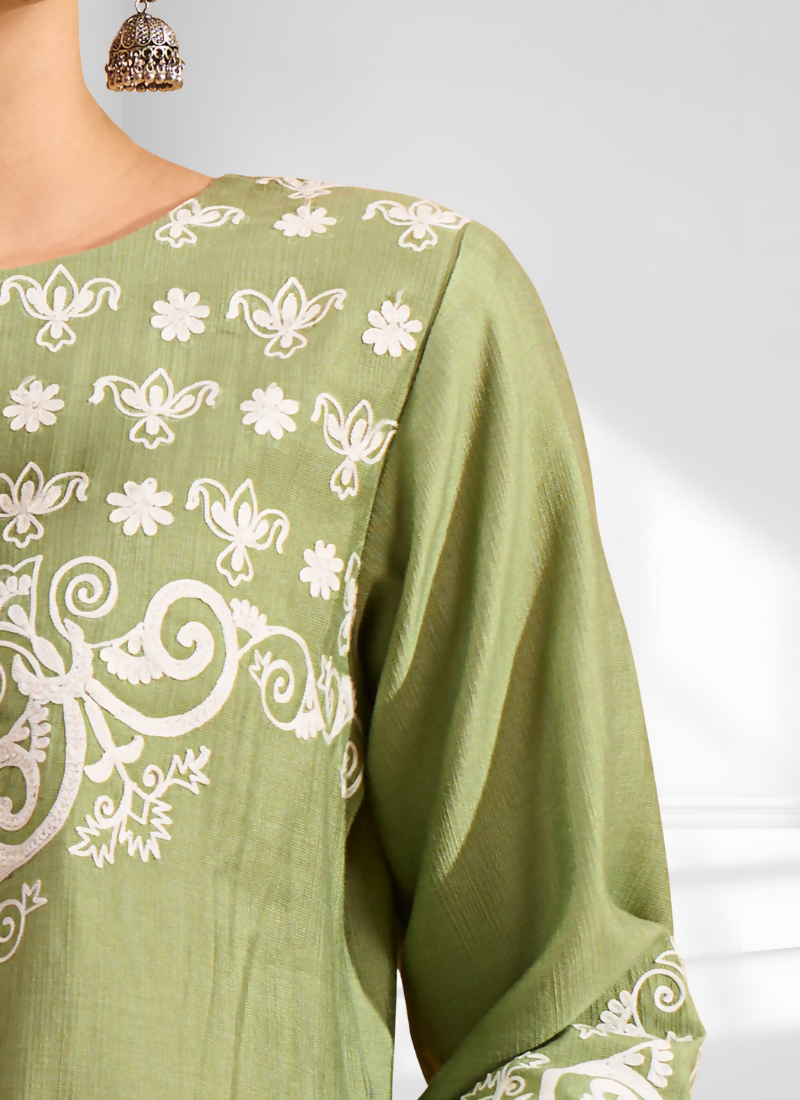Joban Fashion Green Silk Embroidered Readymade Tunic - Distacart