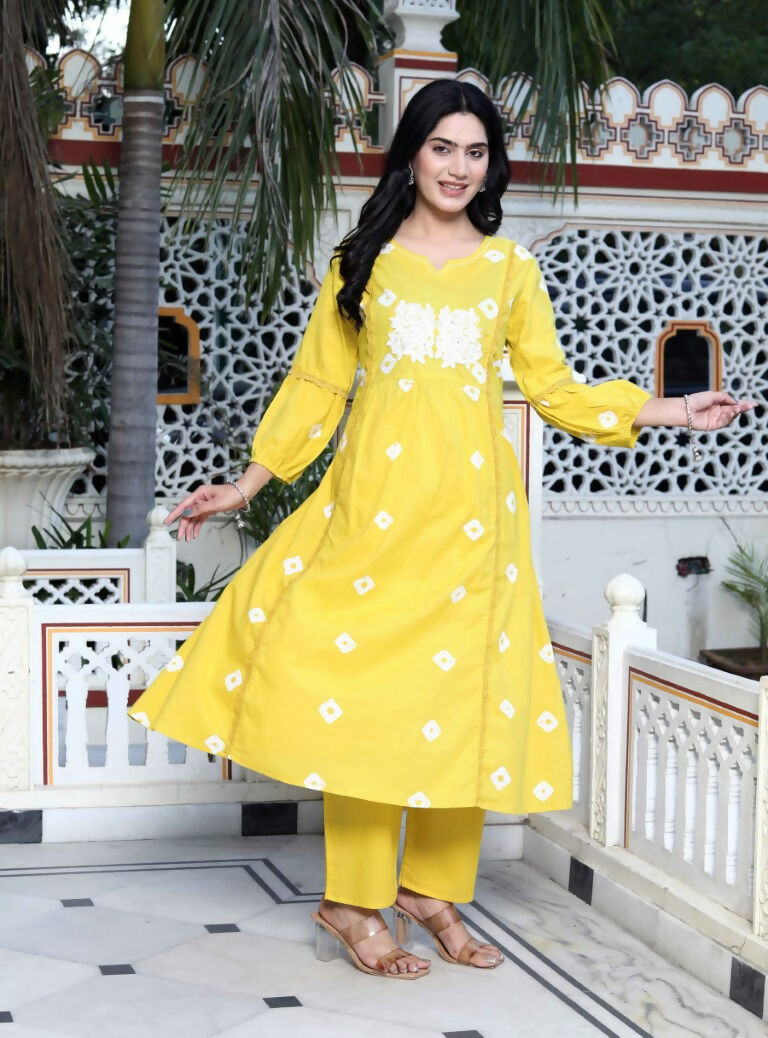 Miravan Women's Cotton Embroidered & Lace Embellished Yellow Bandhani Printed Kurta Palazzo Set