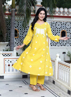 Miravan Women's Cotton Embroidered & Lace Embellished Yellow Bandhani Printed Kurta Palazzo Set