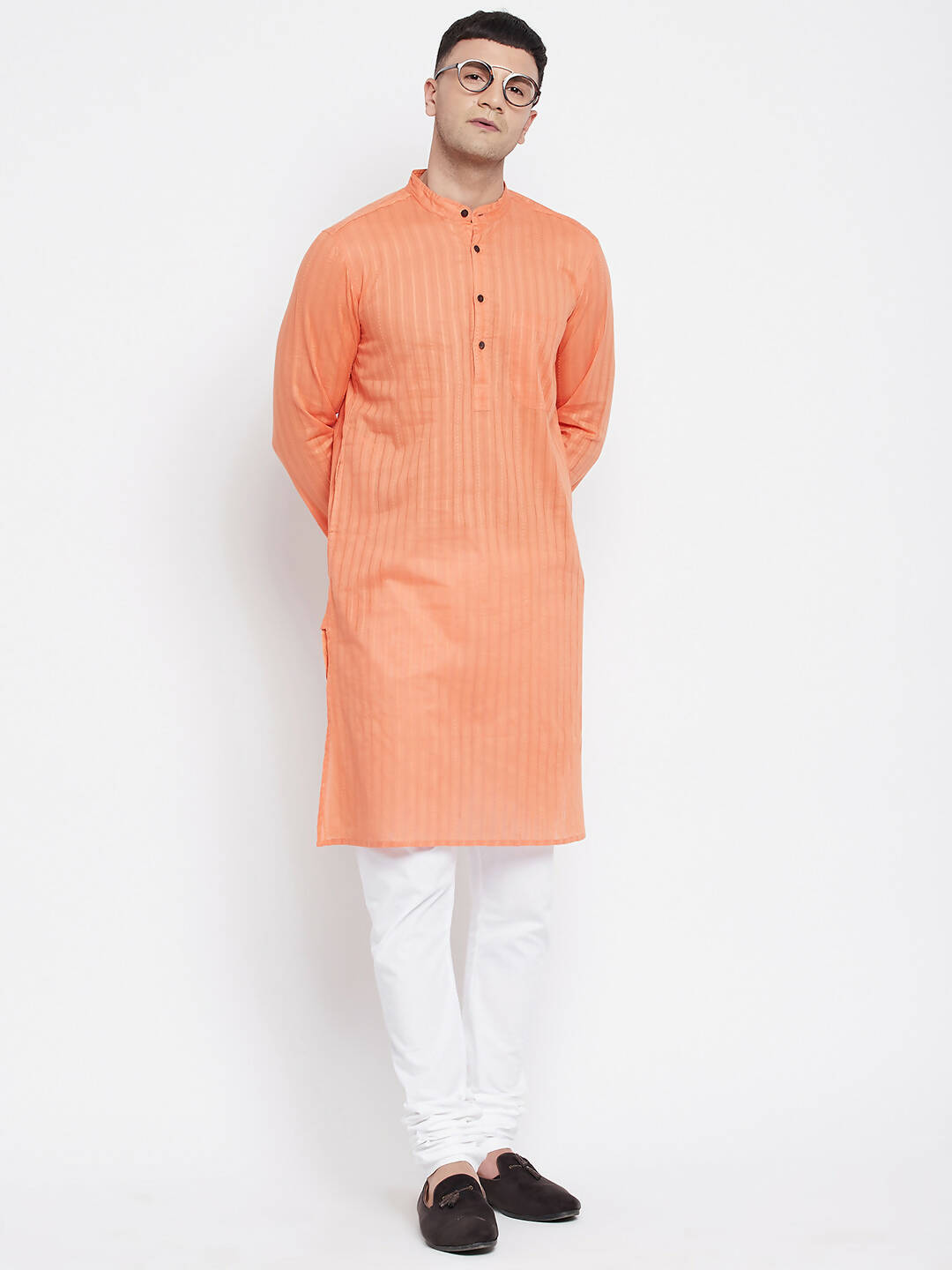 Even Apparels Orange Color Pure Cotton Men's Kurta With Band Collar - Distacart