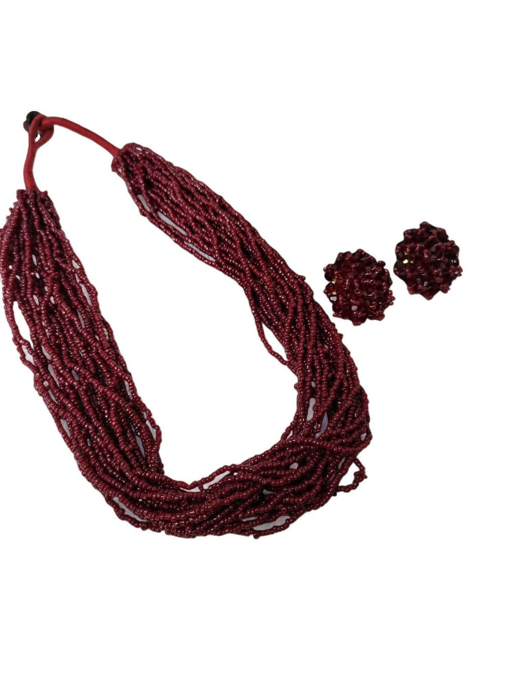 Inhanns Vibrant Handmade 20 Layers Beaded Necklace With Matching Earrings - Maroon