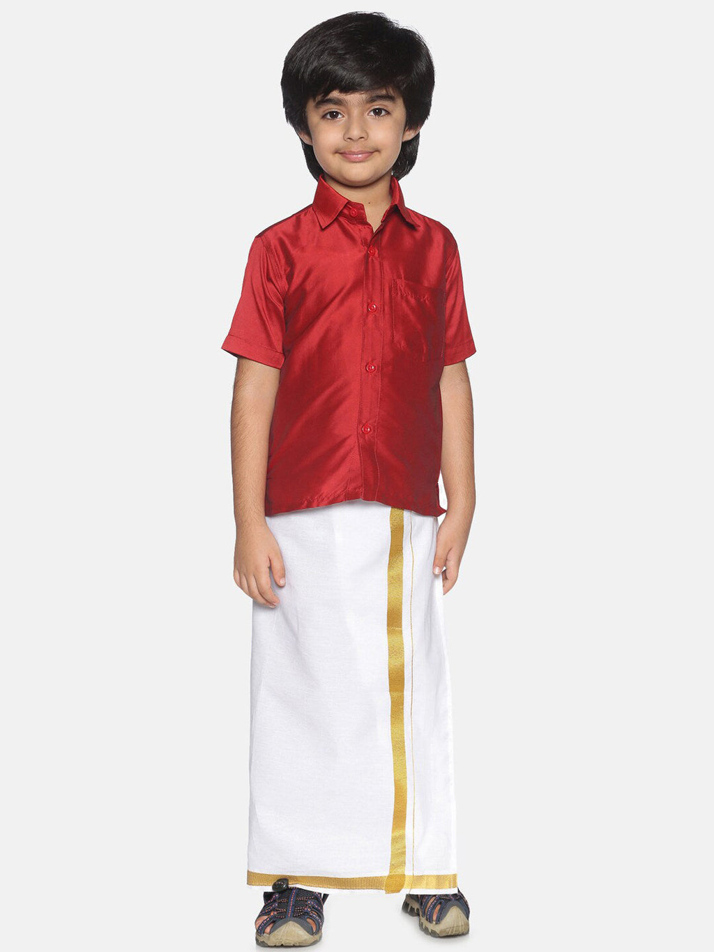 Sethukrishna Boys Red & White Shirt With Veshti Set