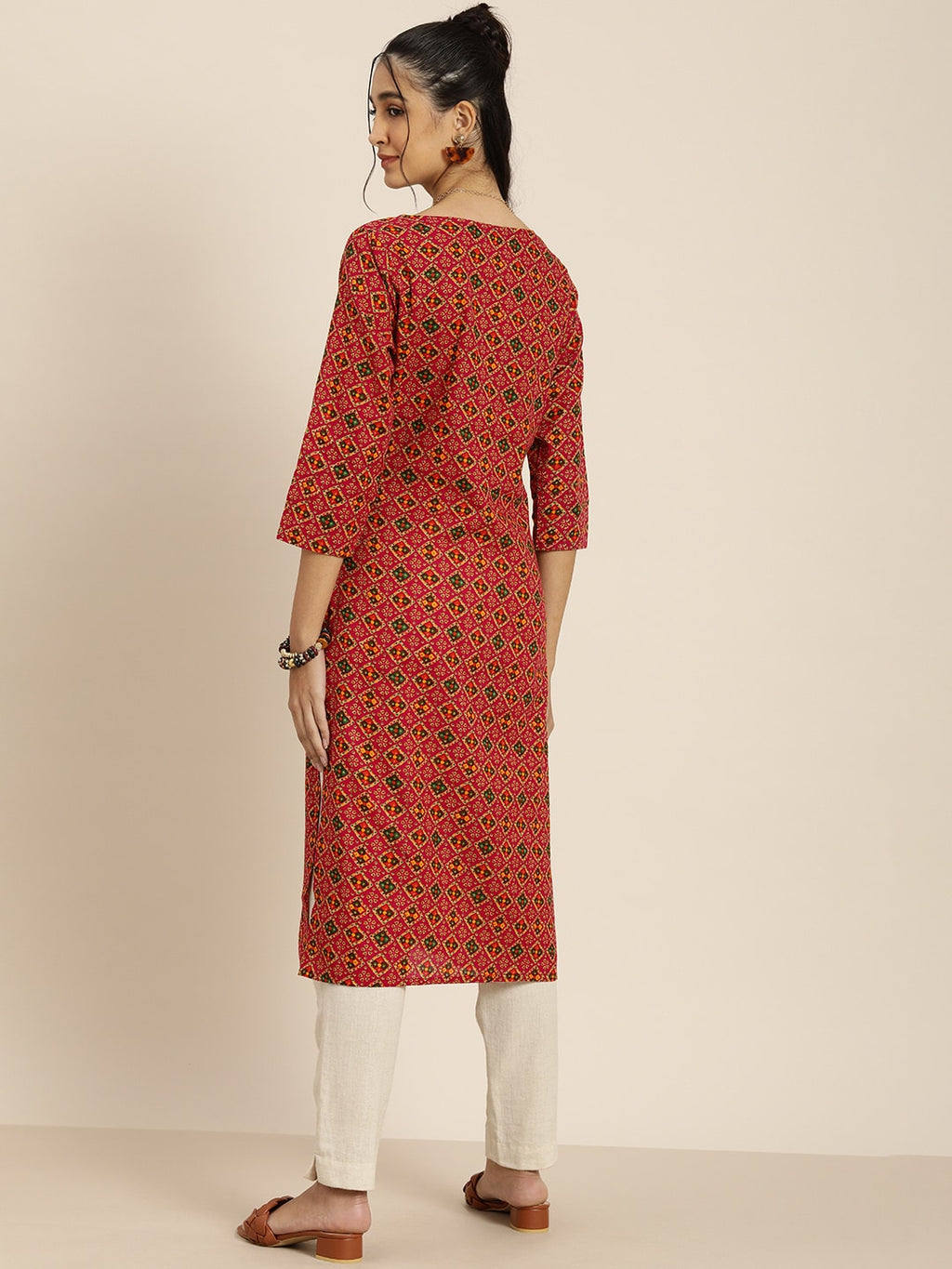 Sangria Women Pink & Green Pure Cotton Bandhani Printed Kurta