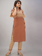 HERE&NOW Maroon & Beige Ethnic Motifs Printed Shirt Collar Kurta with Trousers