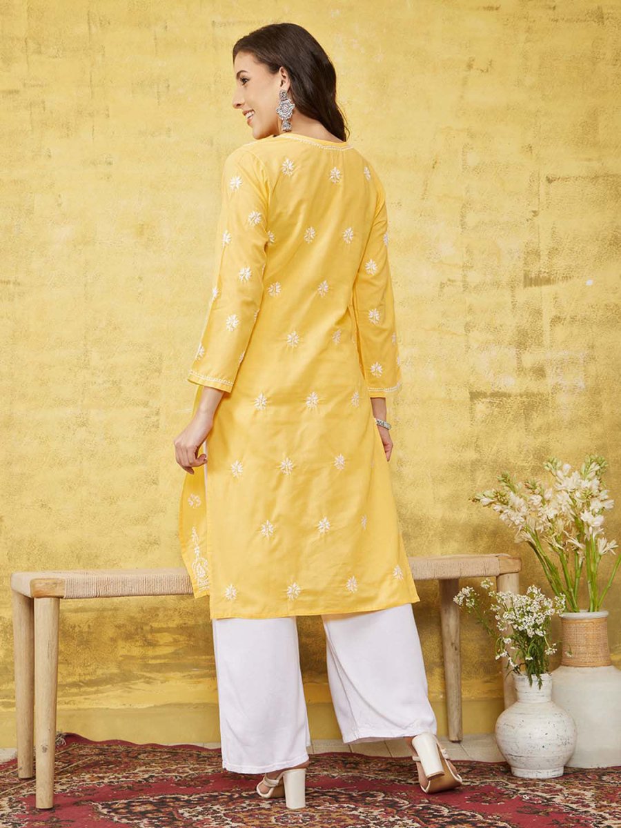 ADA Women Yellow & White Chikankari Embroidered Straight Sustainable Handloom Kurta