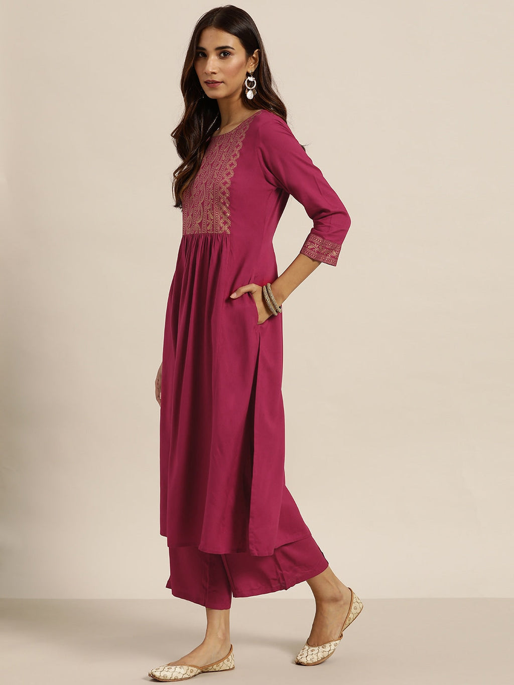 Sangria Women Magenta & Golden Printed Kurta with Palazzos & Dupatta