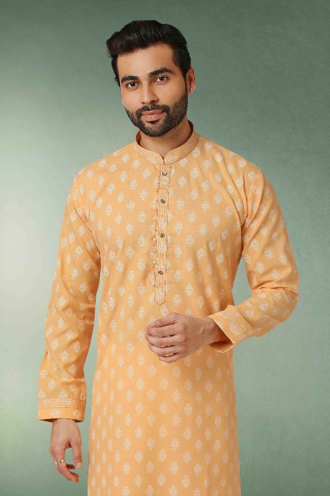 Raivat Ethnic Cotton Printed Work Kurta Pajama In Peach Colour
