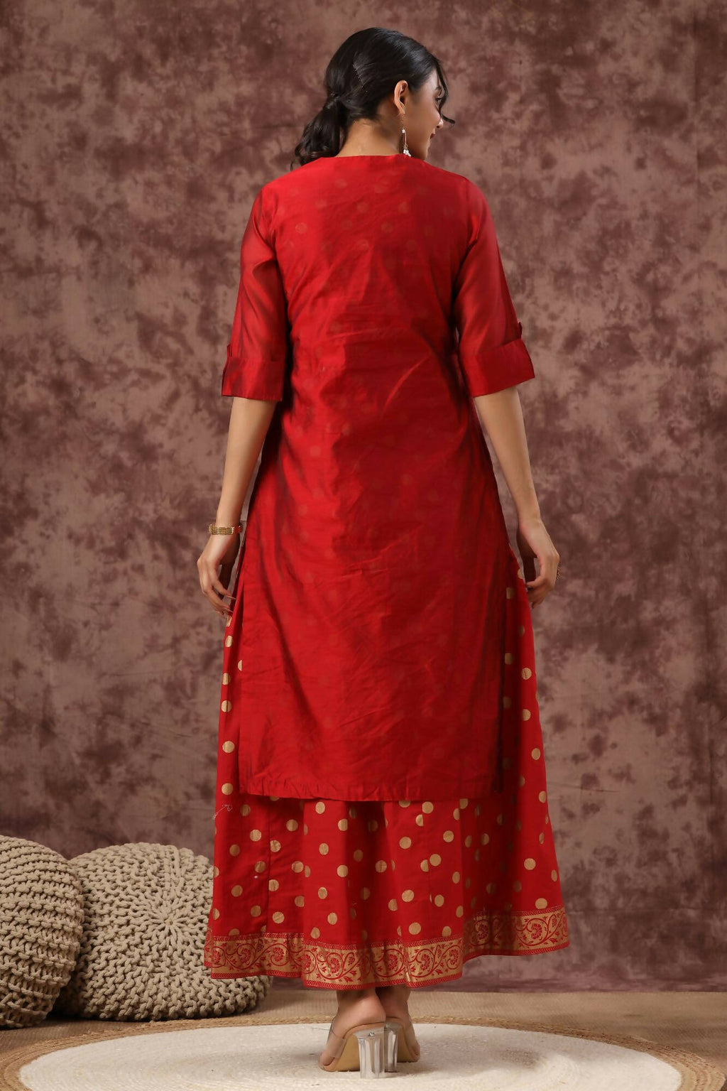 Juniper Women Maroon Chanderi Silk Embroidered & Printed Layered Dress - Distacart