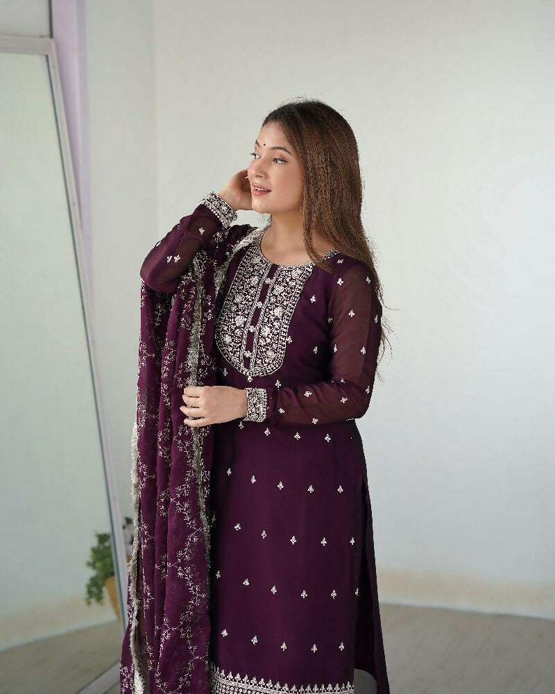 Joban Fashion Wine Kurta Set Silk Sequence Embroidery Work - Distacart