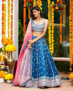 Jyoti Fashion Gorgeous Blue Sequins with Thread & Zari Embroidery Chinon Lehenga Choli with Dupatta