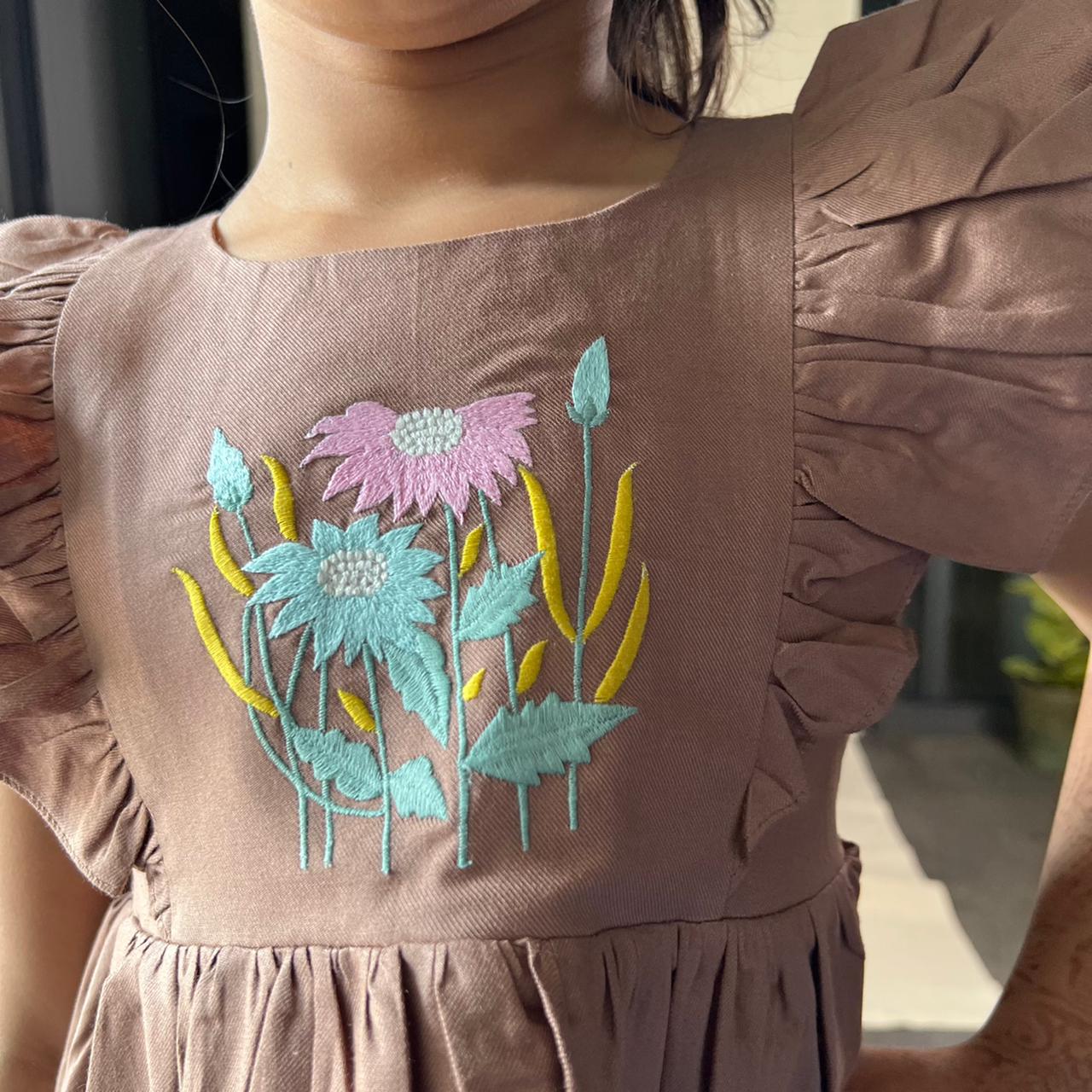 ArthLife Brown Flower Embroidered Frill Dress