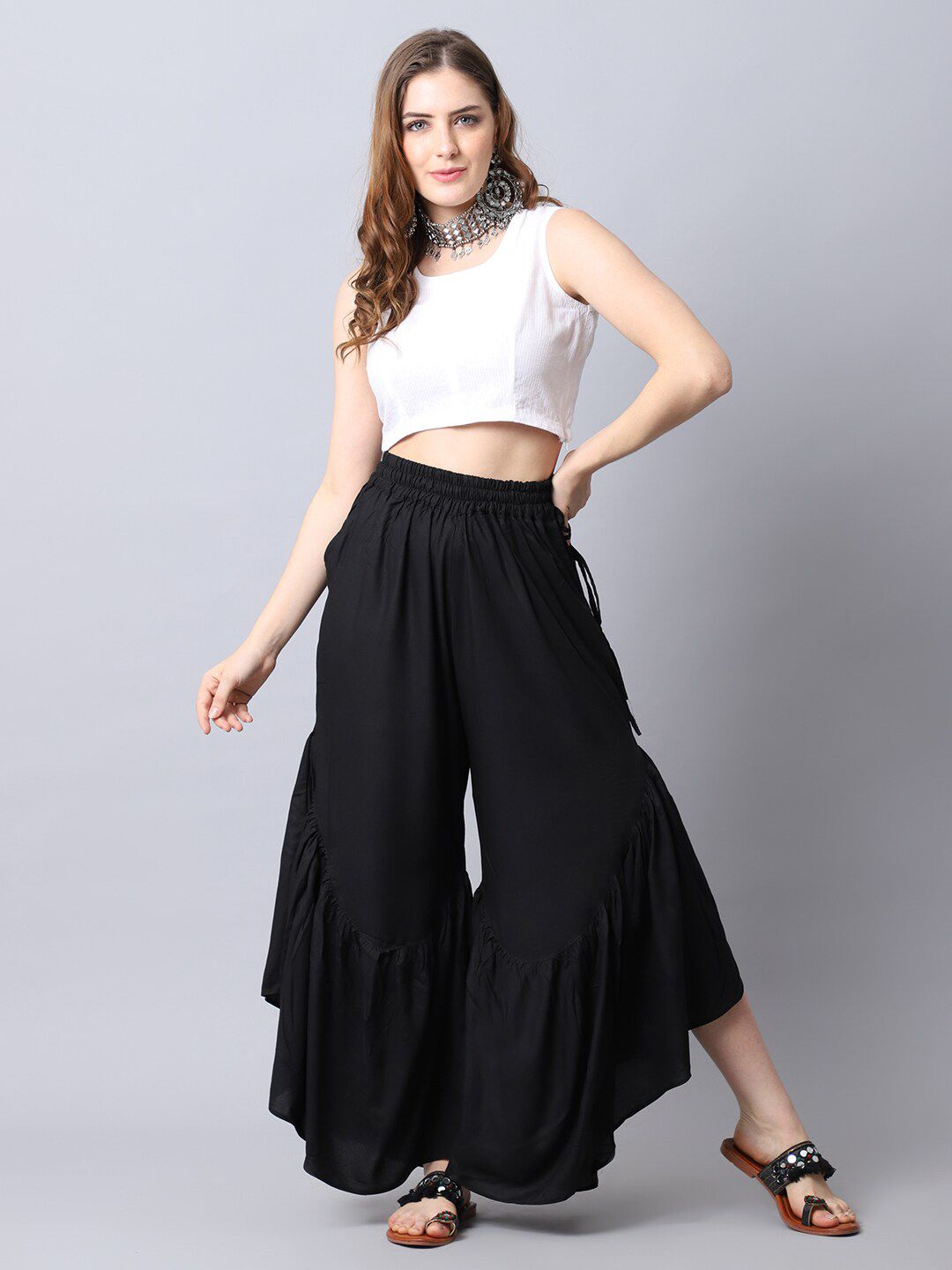 TAG 7 Women Black Flared Ethnic Palazzos