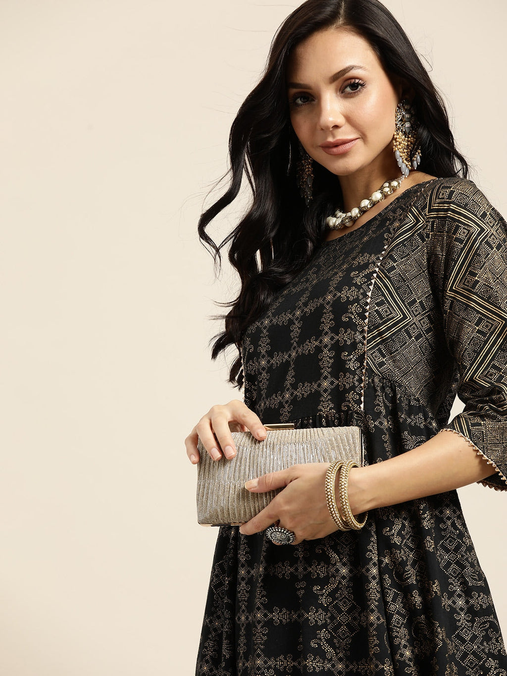 Sangria Women Black & Golden Ethnic Motifs Printed Pure Cotton Kurta with Palazzos