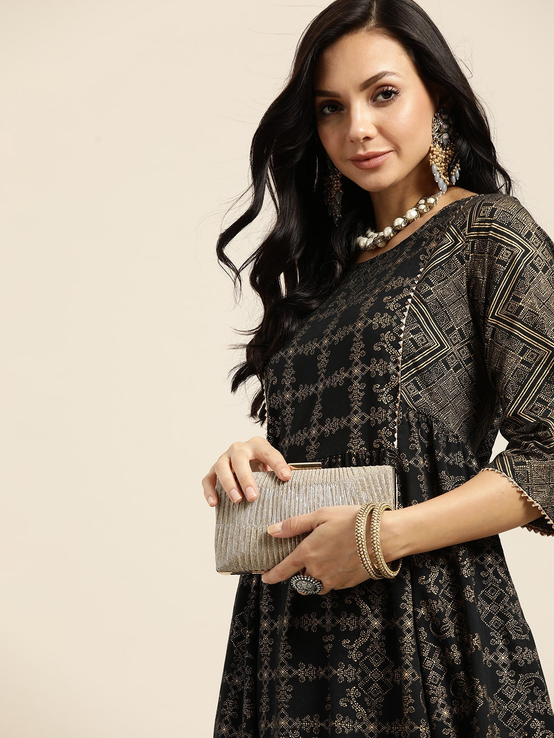Sangria Women Black & Golden Ethnic Motifs Printed Pure Cotton Kurta with Palazzos