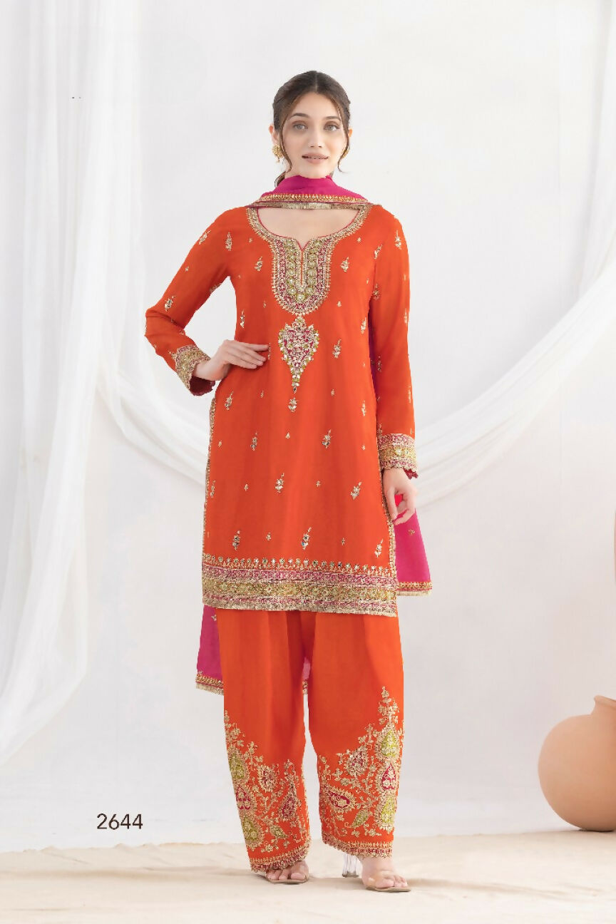 Anaita Orange Chinon Readymade Suit with Embroidery Coding & Sequence Work - Distacart