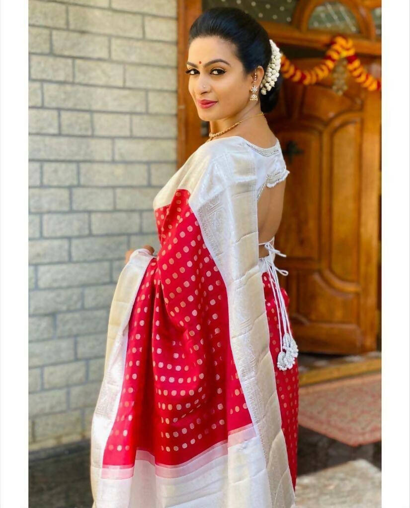 DEIANA'S Beautiful Designer Golden zari Soft Lichi Silk Saree - Red