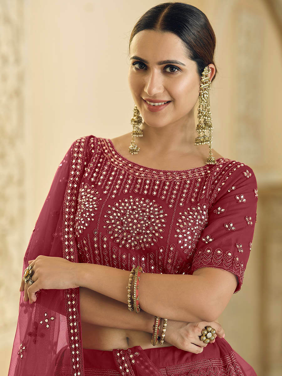 Myra Maroon Soft Net Embroidered Lehenga