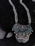 Mominos Fashion Johar Kamal Oxidised Laxmi Mata With Green Stones Long Necklace