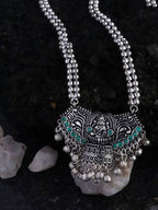 Mominos Fashion Johar Kamal Oxidised Laxmi Mata With Green Stones Long Necklace