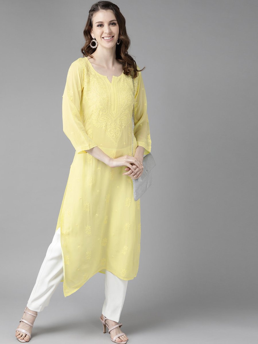 ADA Women Yellow Ethnic Motifs Embroidered Chikankari Georgette Handloom Kurta