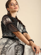 Sangria Black & Grey Ethnic Motifs Zari Pure Linen Saree - Distacart