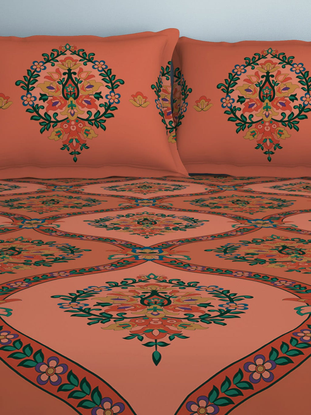 SPACES Aurum Peach Ethnic Motifs Pure Cotton 140 TC Queen Bedsheet with 2 Pillow Covers