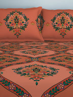 SPACES Aurum Peach Ethnic Motifs Pure Cotton 140 TC Queen Bedsheet with 2 Pillow Covers