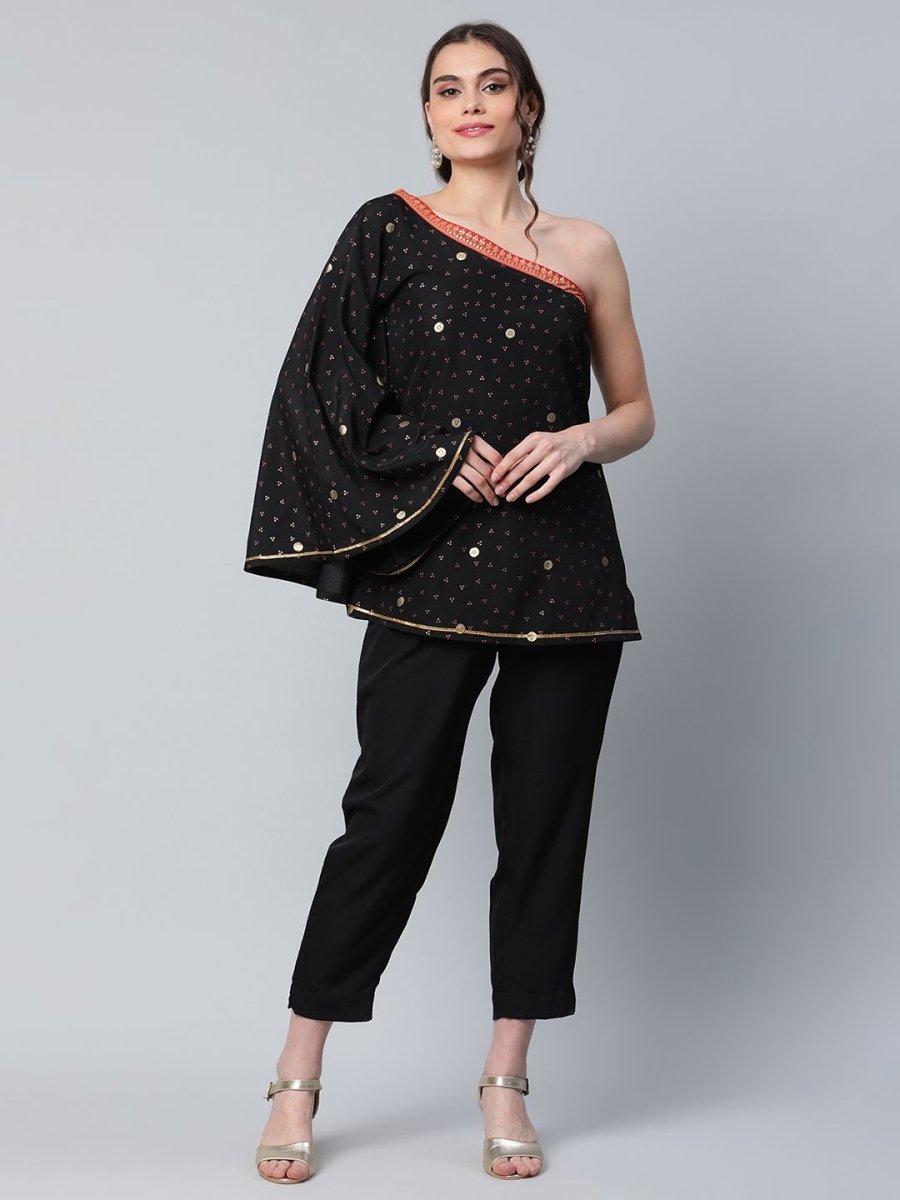 Ahalyaa Women Black Crepe Printed Top with Trouser Set - Distacart