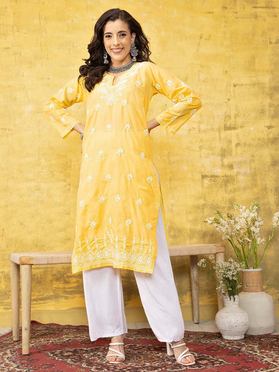ADA Women Yellow & White Chikankari Embroidered Straight Sustainable Handloom Kurta