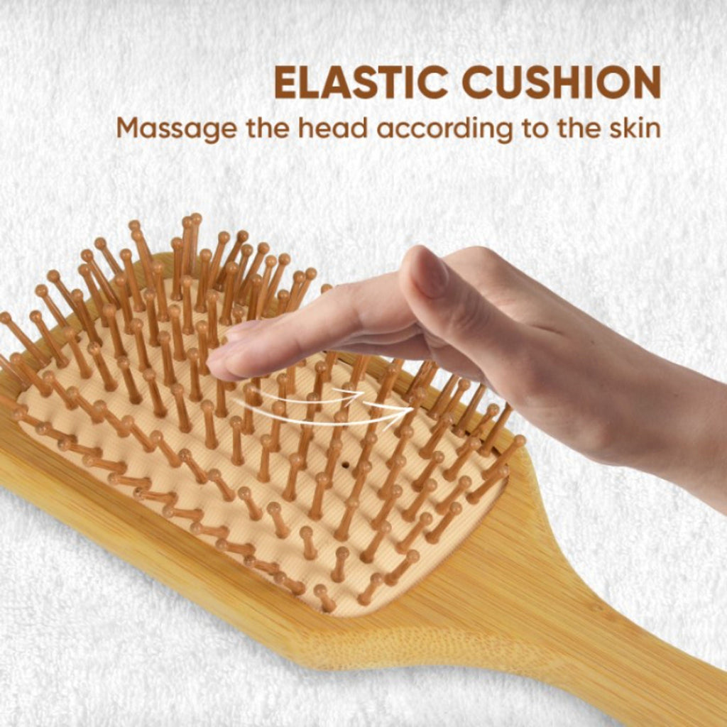 ZEYU Wooden Rectangular Bamboo Hair Brush With Round Ball Bristles - Brown