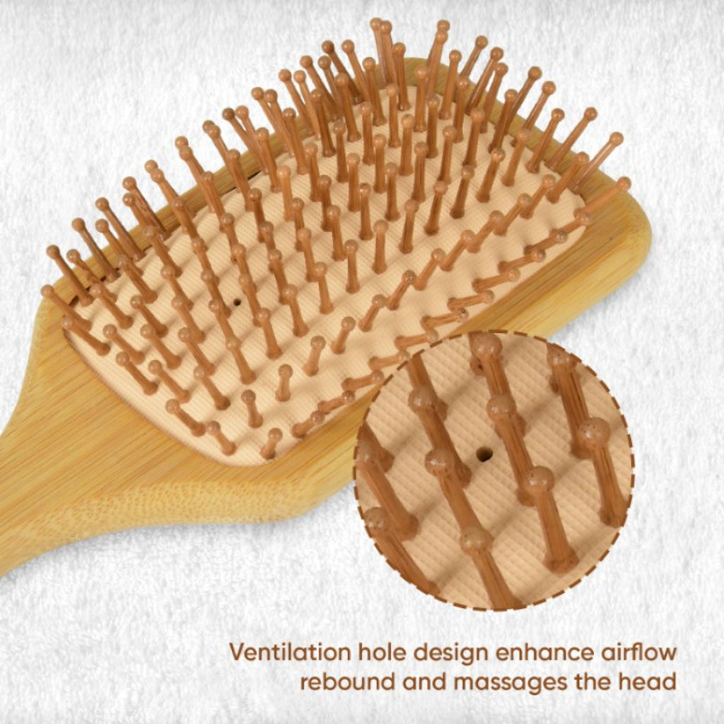 ZEYU Wooden Rectangular Bamboo Hair Brush With Round Ball Bristles - Brown