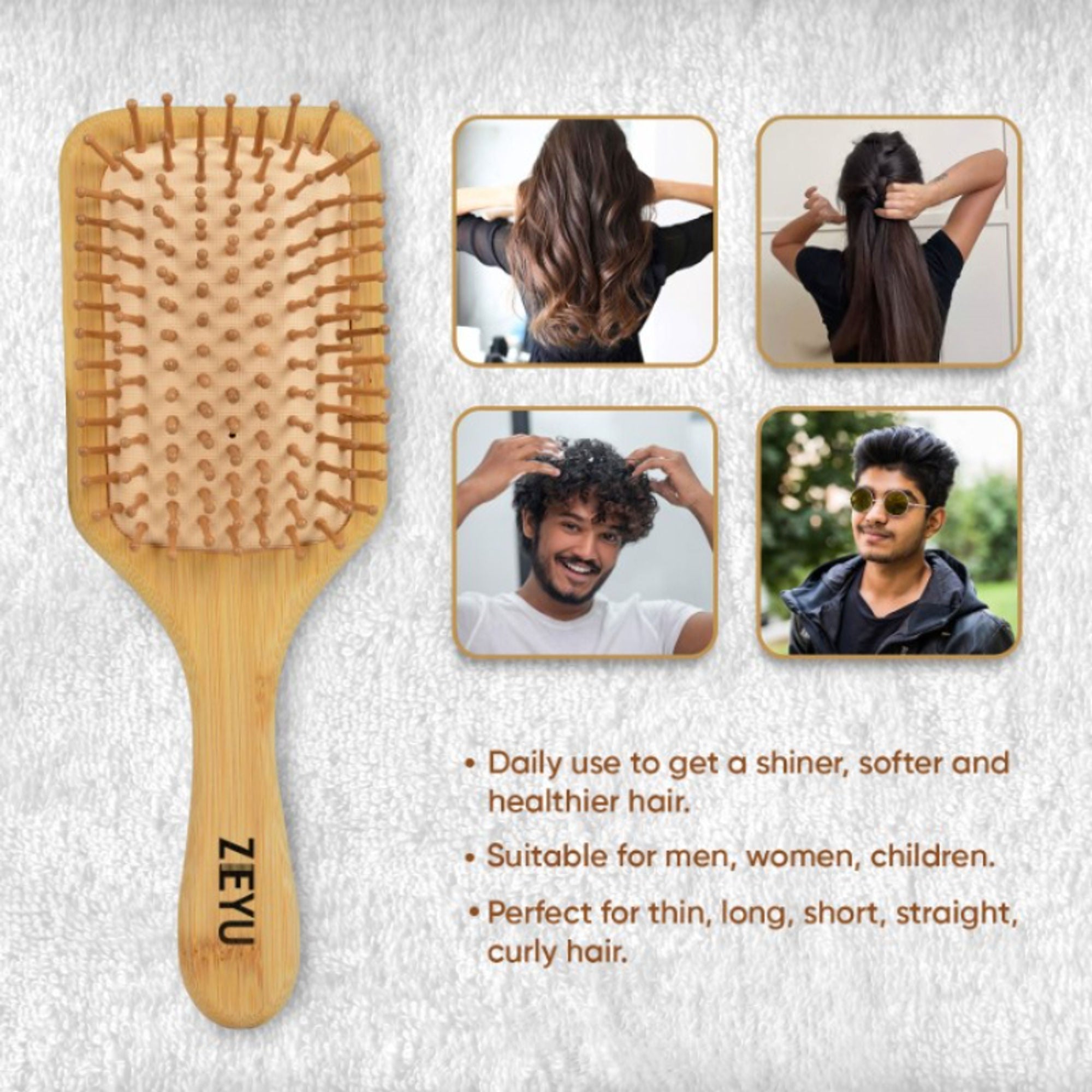 ZEYU Wooden Rectangular Bamboo Hair Brush With Round Ball Bristles - Brown